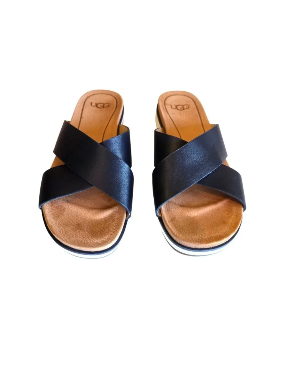 UGG Women's Leather Navy Cross-Strap Slide Sandals With White Sole Size 6